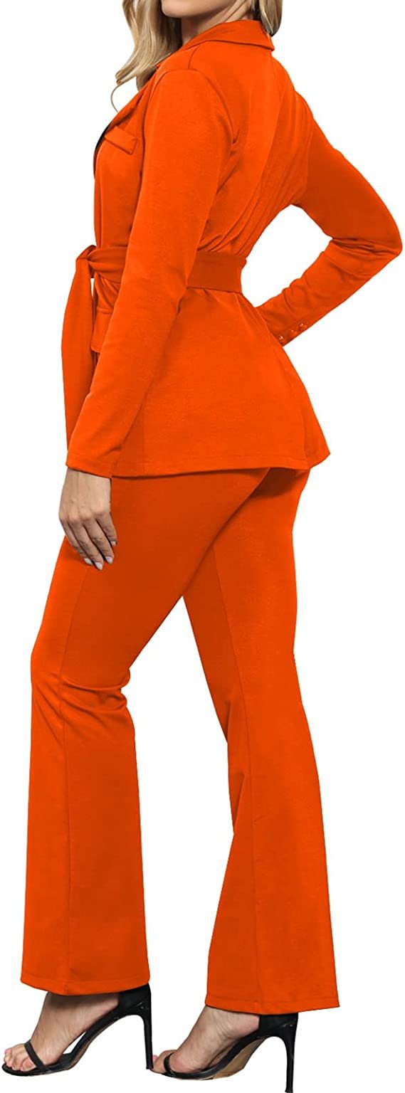 Women's Two Piece Outfits Casual Open Front Blazer and Elastic Waist Flared Pants Suits Set