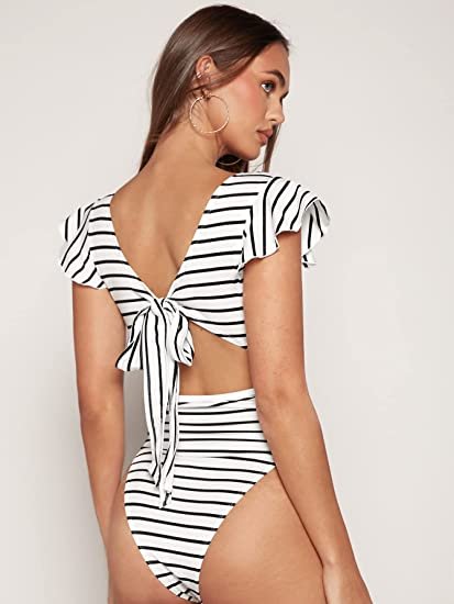 Women's Striped Butterfly Sleeve Tie Back Skinny Bodysuit